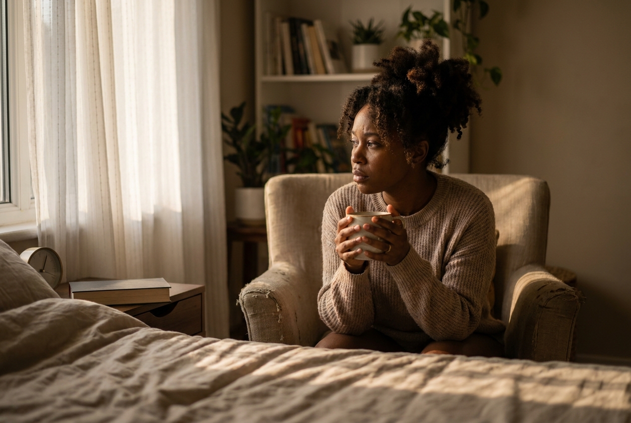 An African American woman with natural hair resting in a cozy armchair holding a warm mug in a sunlit bedroom.