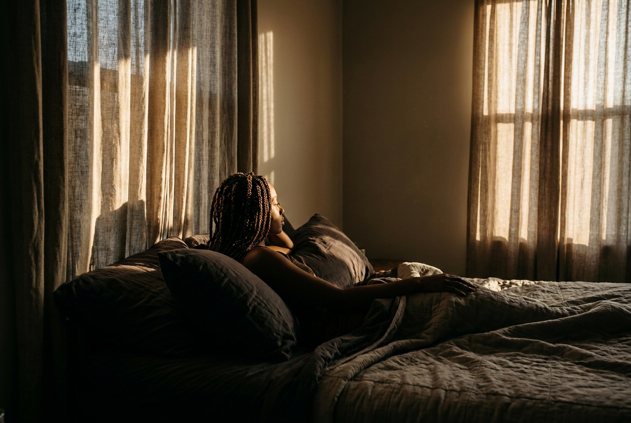 Silhouette of a woman resting peacefully against a plush pillow in a softly lit bedroom with linen curtains.