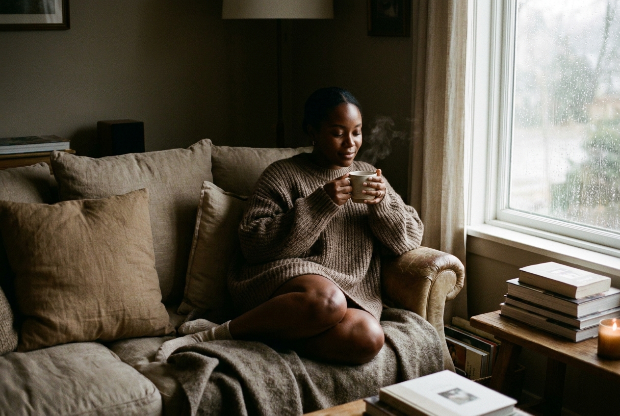 A woman sits by a window, gently holding a warm mug of tea to convey comfort and rest.