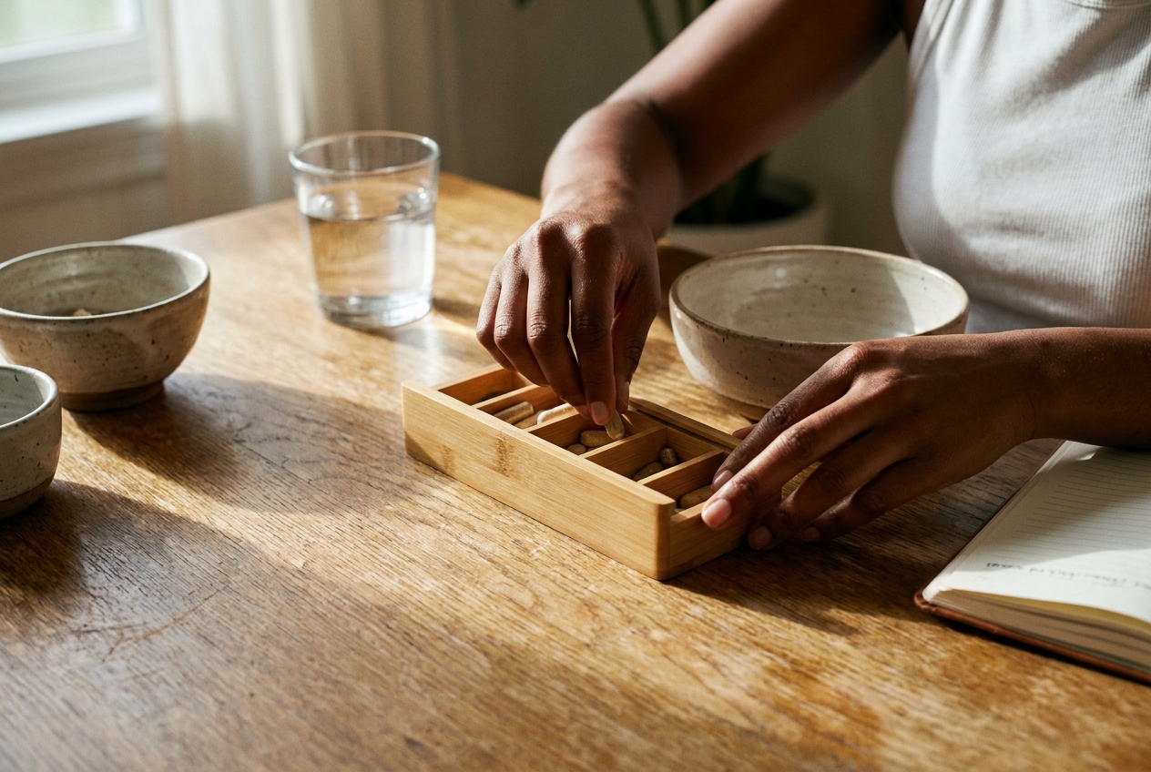 Close-up of a woman's hands sorting daily health supplements into a minimalist bamboo organizer.