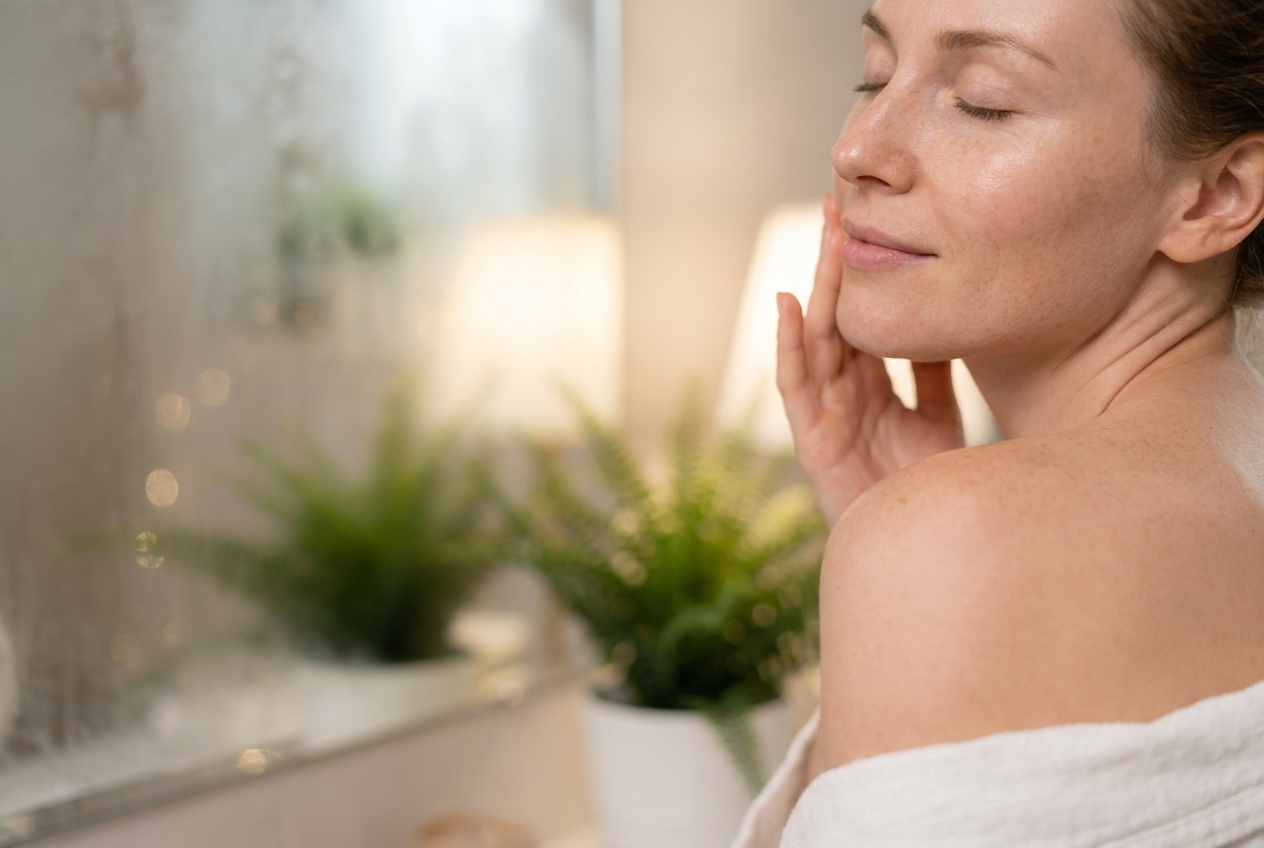 Close up of a woman with freckled skin gently touching her cheek in a steamy, softly lit bathroom.
