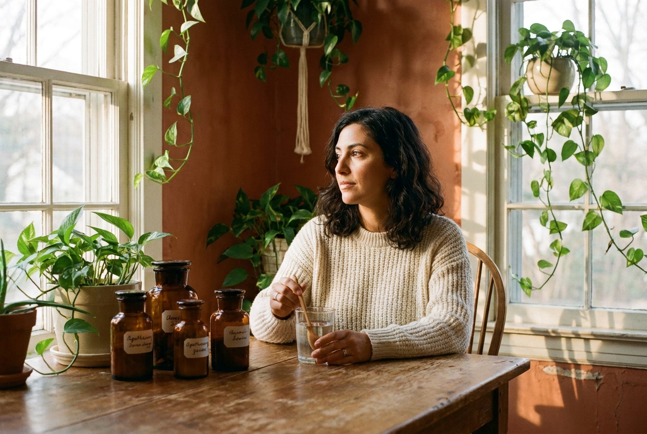 Latina woman stirring a glass of water next to amber wellness jars in a sunlit room.