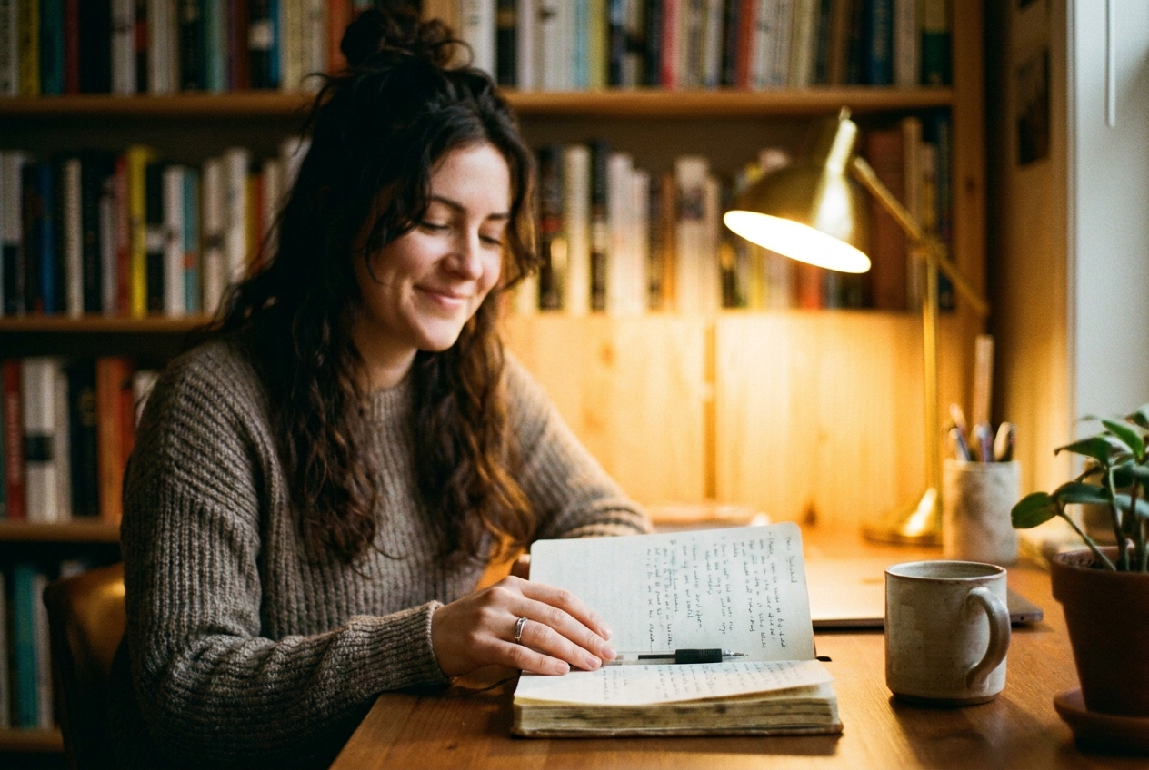 Close-up of a woman's hands holding a wellness journal and pen, with her face softly blurred in the background.