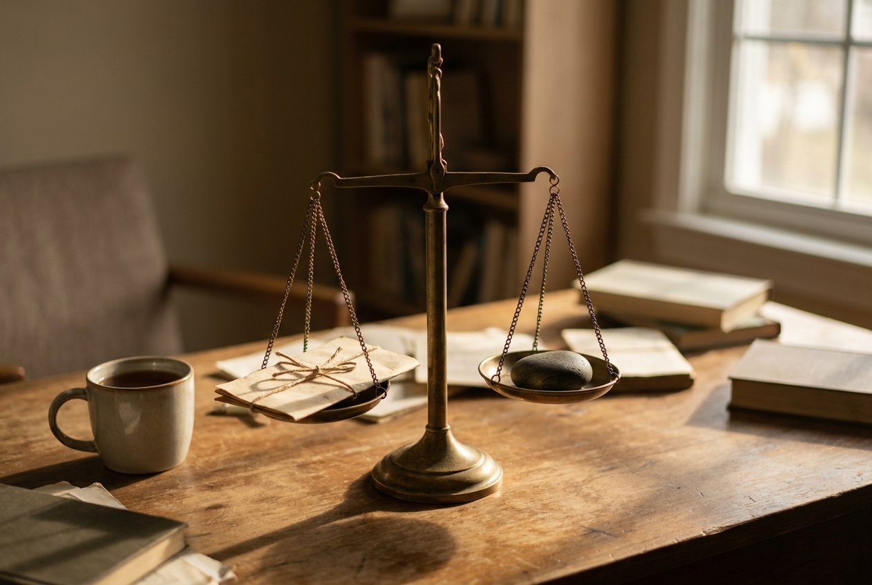 A small brass balance scale resting level on a wooden desk in warm afternoon light