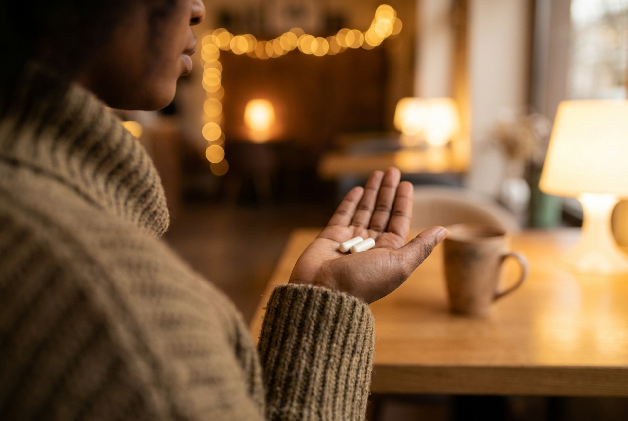 A woman's hand holding two small white capsules in a softly lit cafe setting.