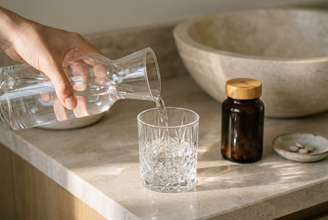 Close up of a hand pouring water into a glass next to a minimalist supplement bottle.