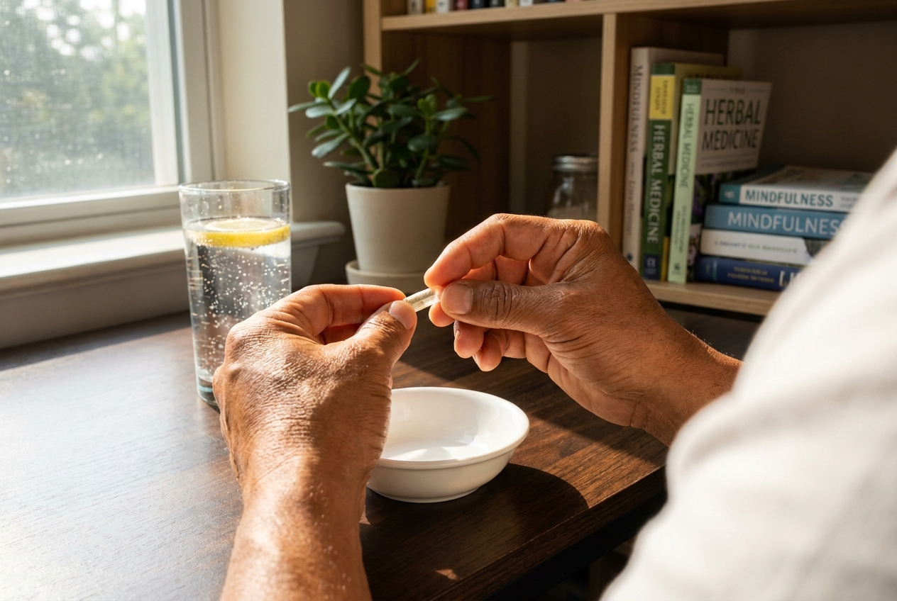 Warm bronze hands holding a clear supplement capsule over a small ceramic dish.