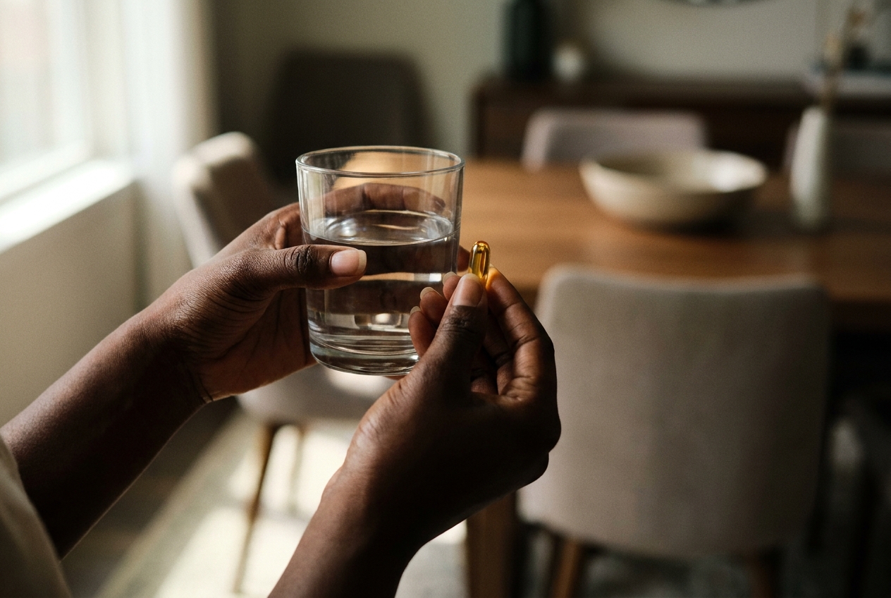 Close-up of a person's hands holding a glass of water and a single supplement capsule.