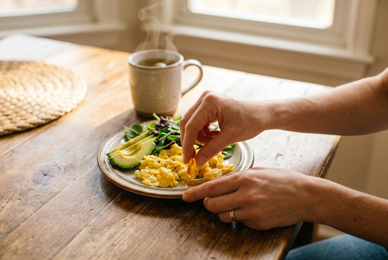 A person's hands placing a supplement capsule next to a plate of healthy breakfast food like eggs and avocado.
