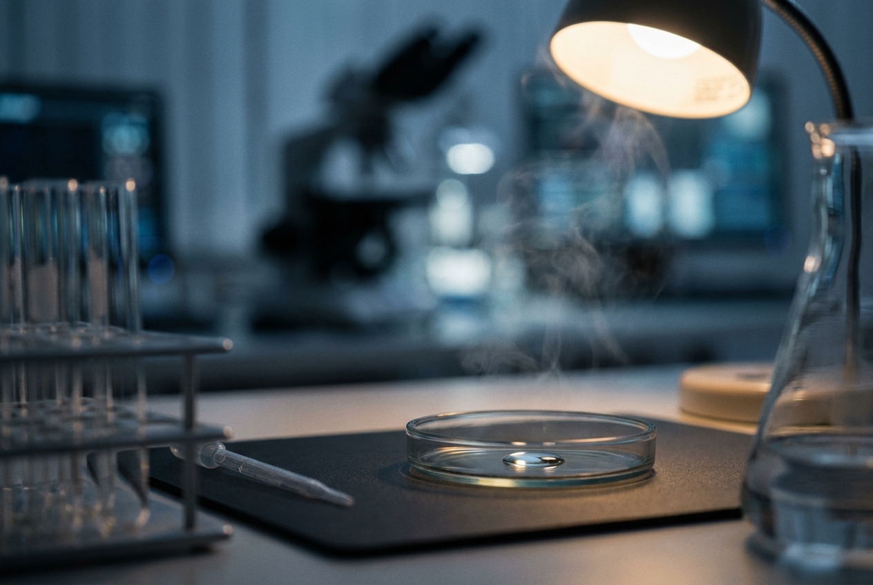 A glass petri dish and test tubes on a dimly lit laboratory bench
