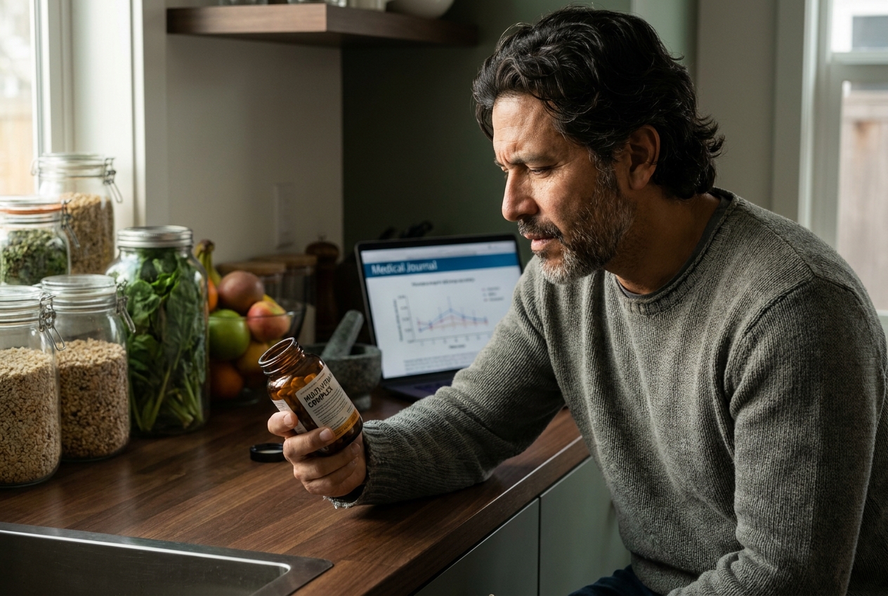 A man carefully reading the ingredient label on a supplement bottle in his kitchen.