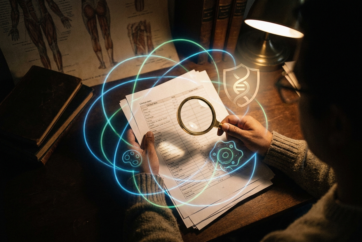Hands with olive skin holding a magnifying glass over clinical data documents.