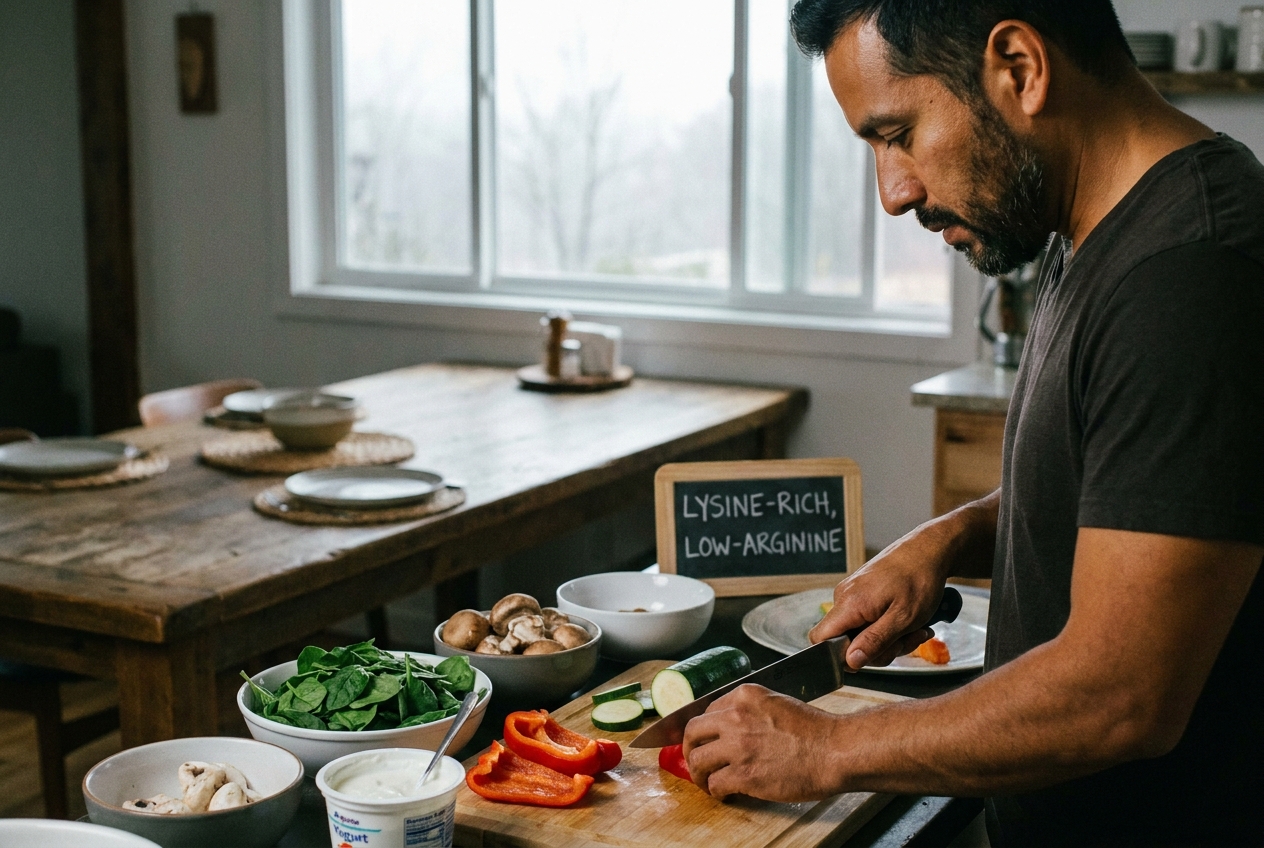 A man slicing fresh vegetables at a wooden dining table in soft daylight.