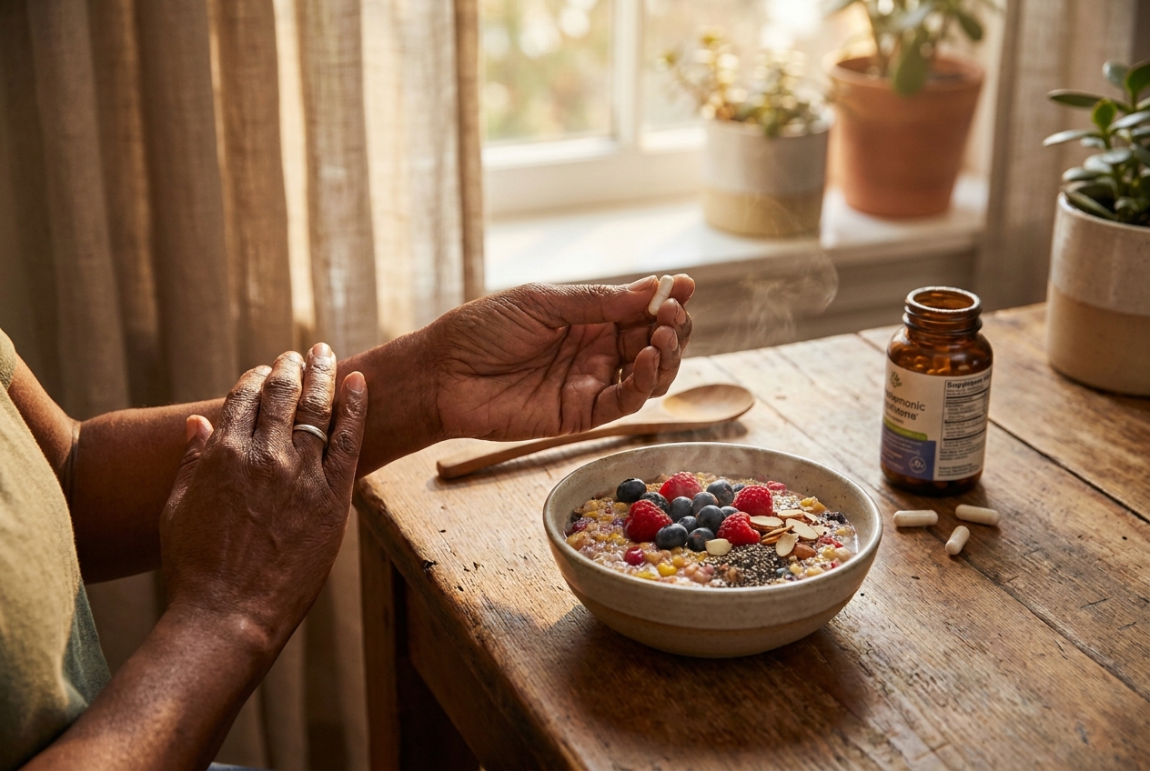 Hands placing a white capsule next to a bowl of warm oatmeal and berries.