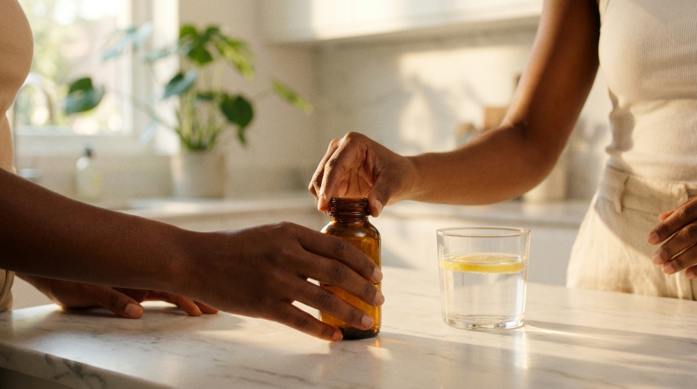 A person's hands placing an amber supplement bottle next to a glass of lemon water on a sunlit kitchen counter.