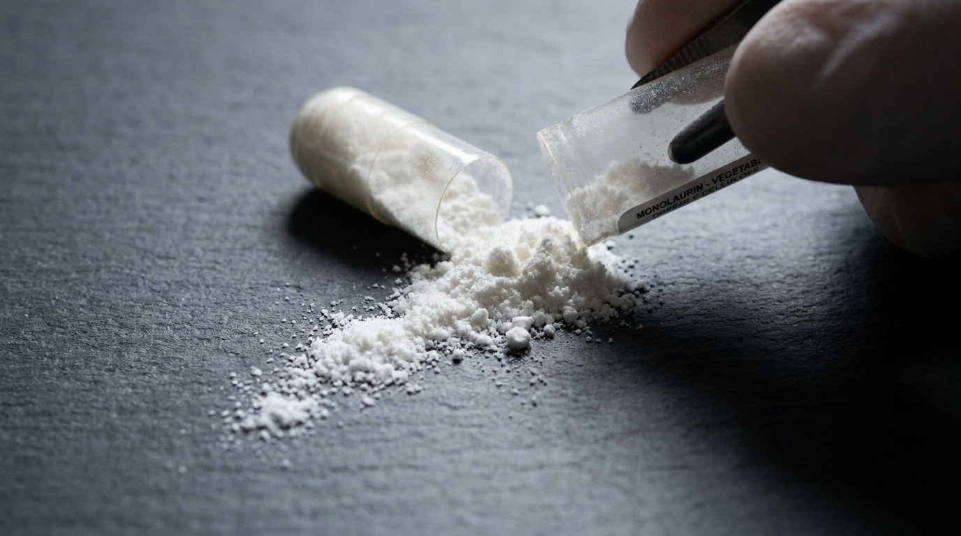 A clear supplement capsule pulled apart, revealing fine white powder inside on a dark surface.