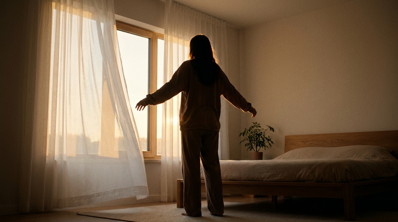 A peaceful silhouette of a person standing by a bright window with sheer curtains.