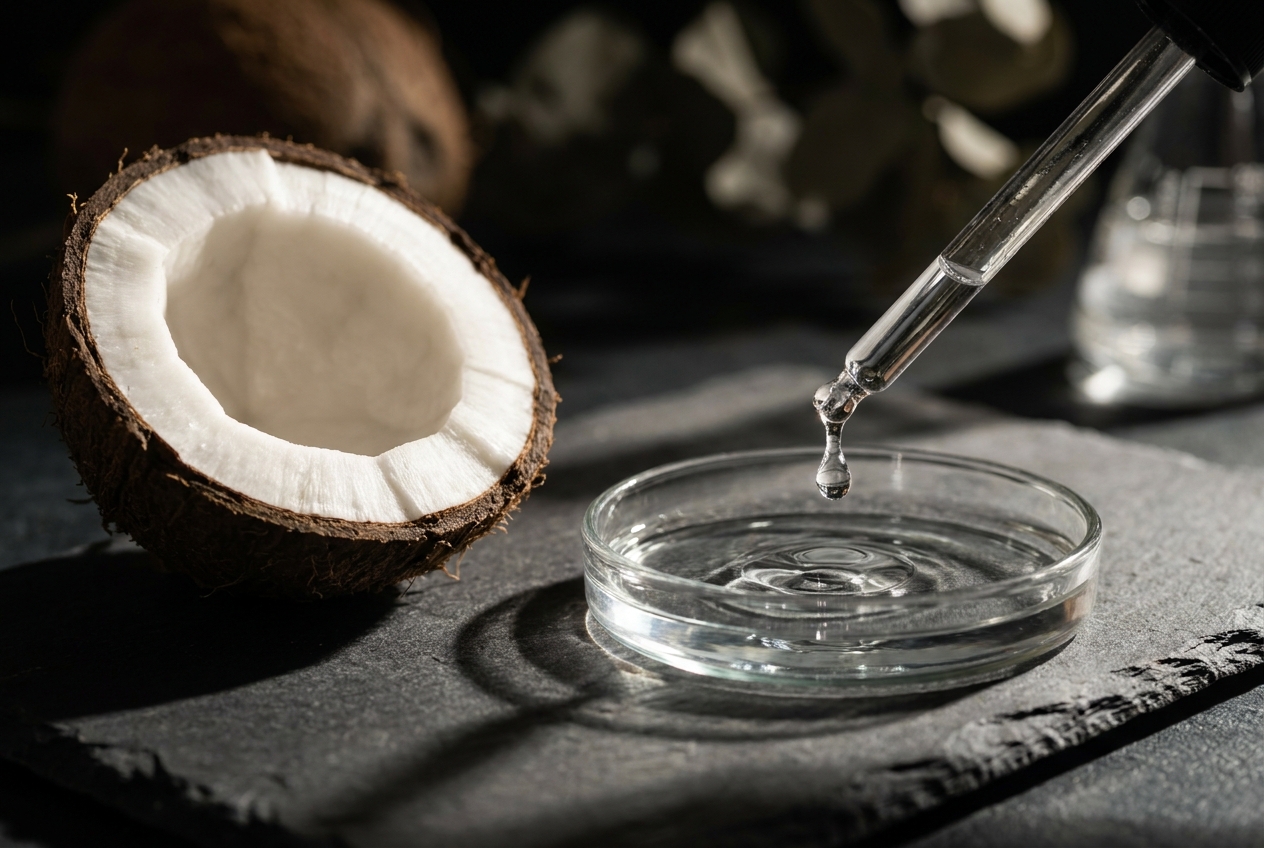 A glass dropper dispensing clear liquid next to a fresh coconut half on dark slate.