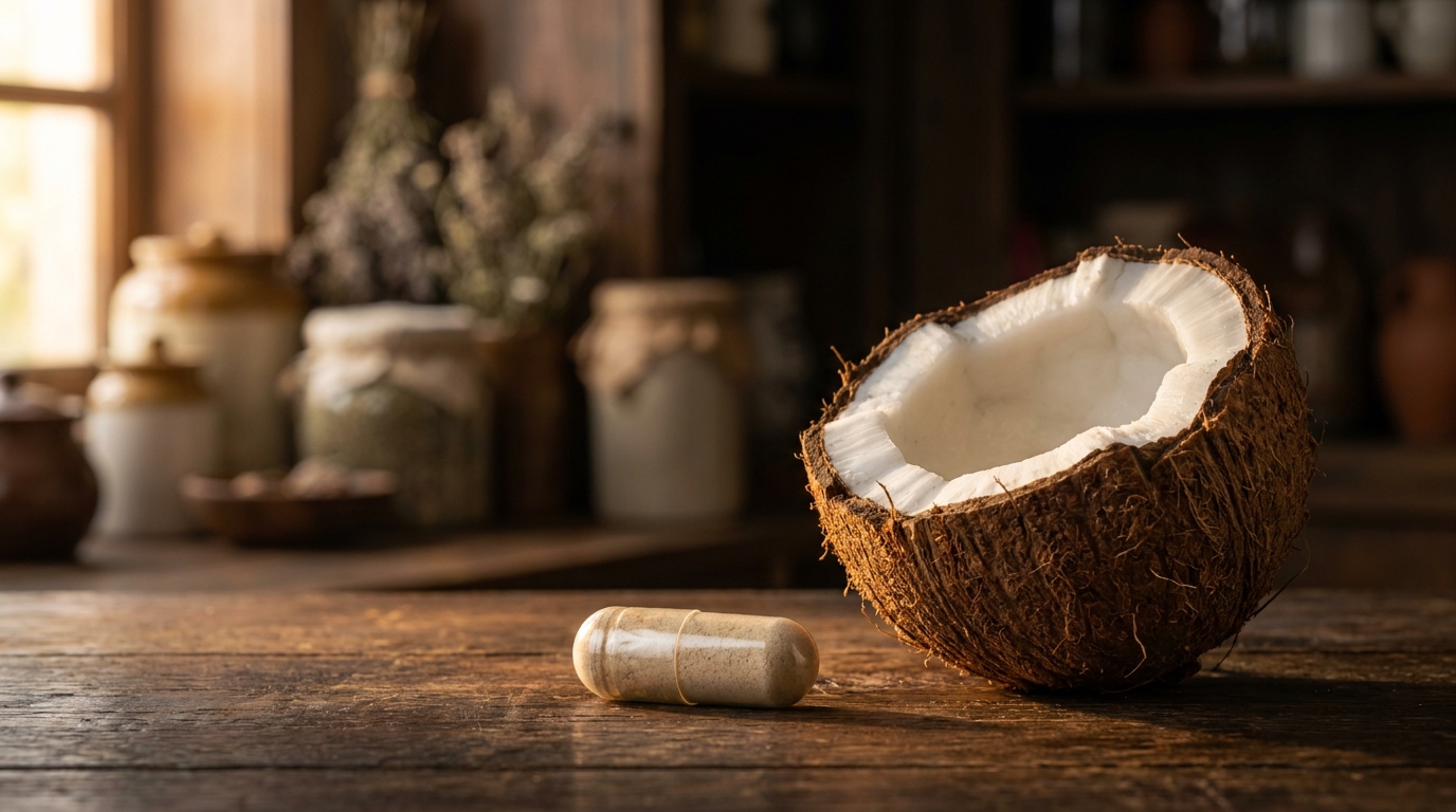 A clear supplement capsule resting on a wooden table next to a cracked open coconut.