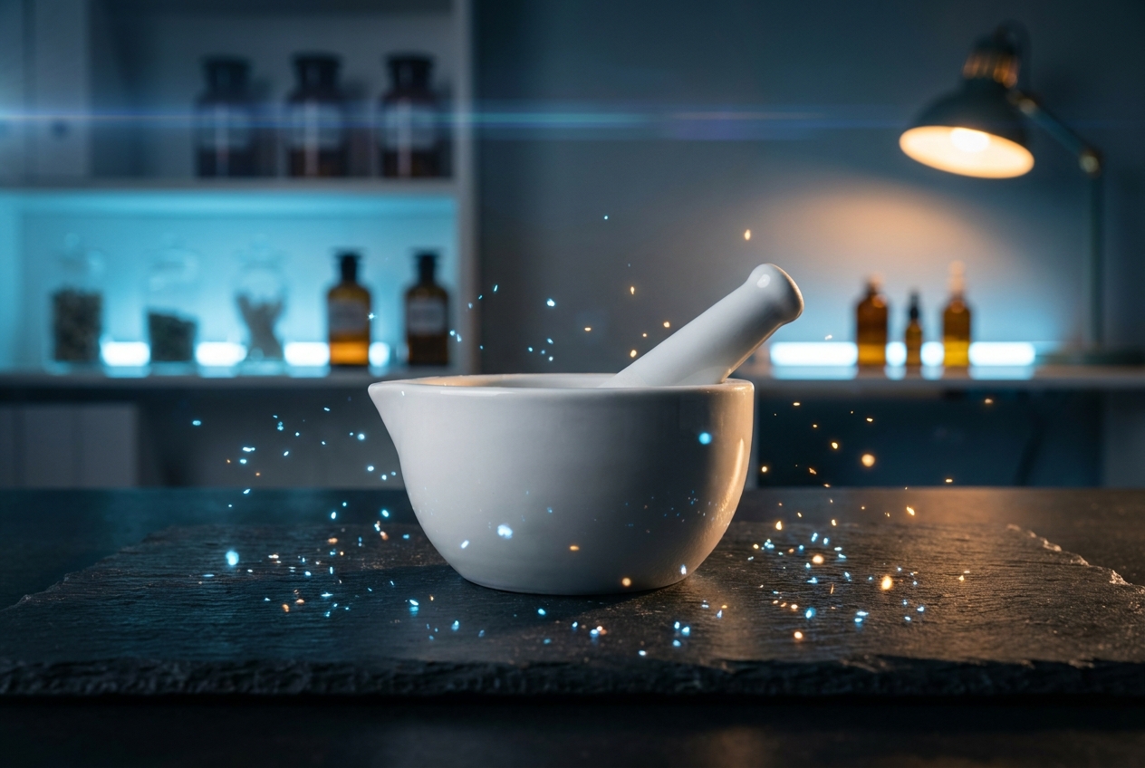 A white mortar and pestle on a slate surface illuminated by soft abstract light.