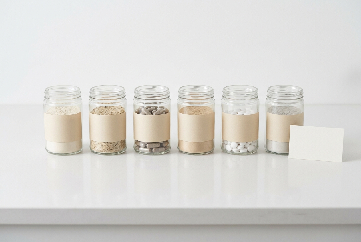 A tidy row of six plain, unlabeled glass jars containing different supplement forms on a white counter
