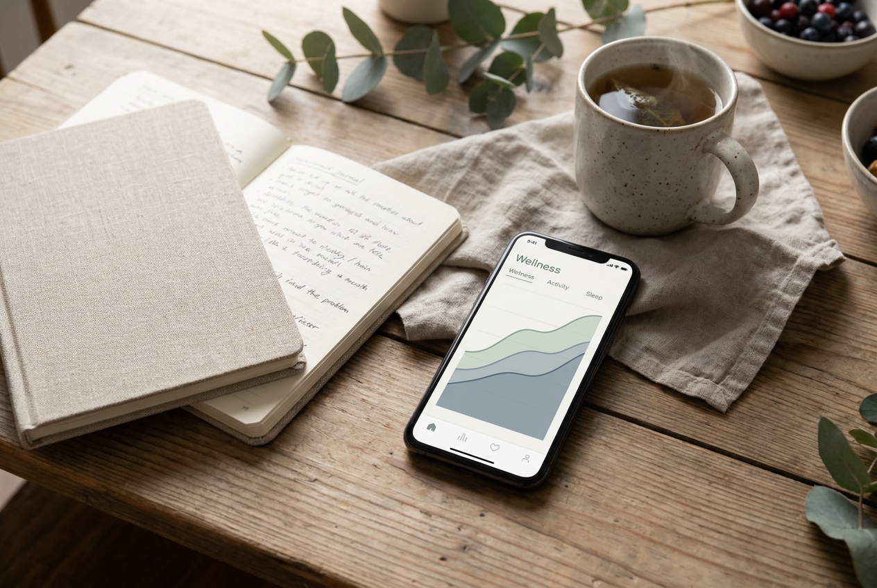 Smartphone displaying a realistic wellness tracking app with positive trend graphs, placed next to a journal.