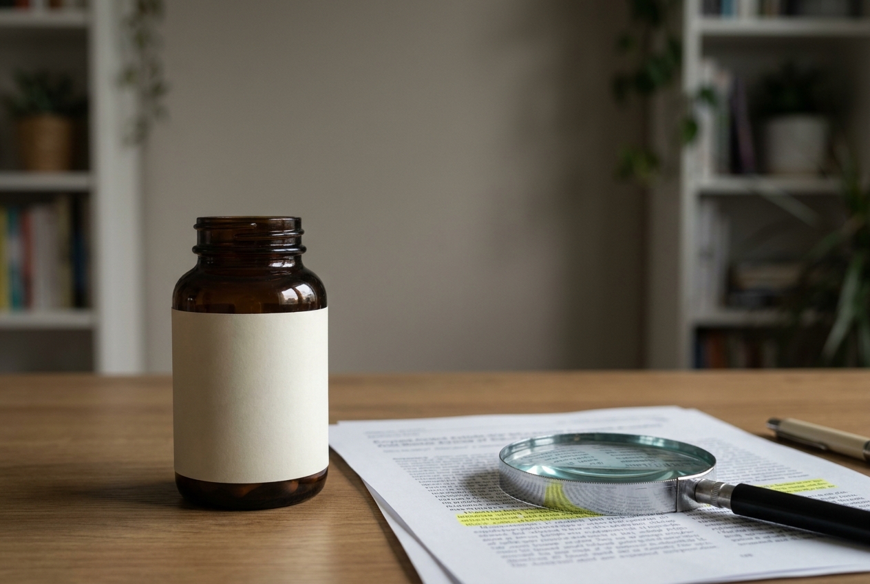 An unbranded supplement bottle beside a magnifying glass resting on a printed research paper