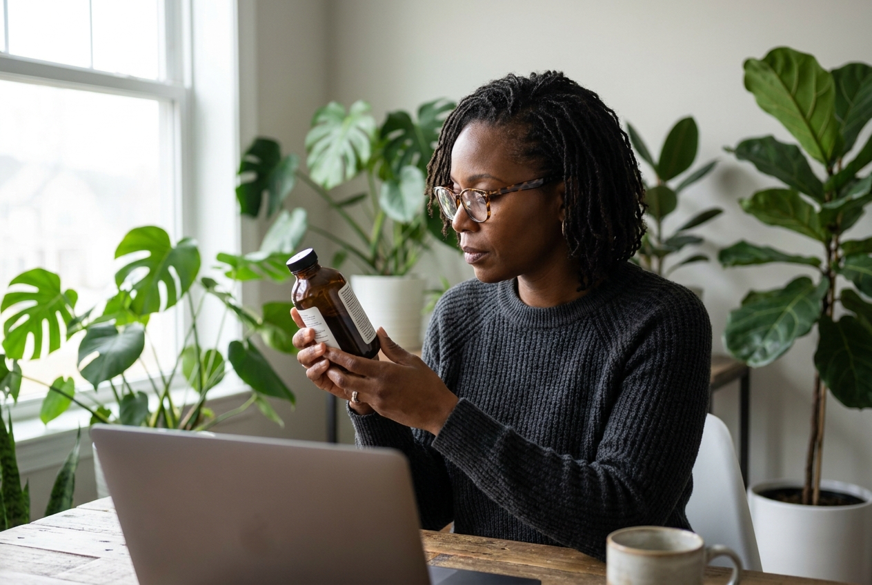 An African American woman wearing reading glasses, closely examining the label on a supplement bottle.