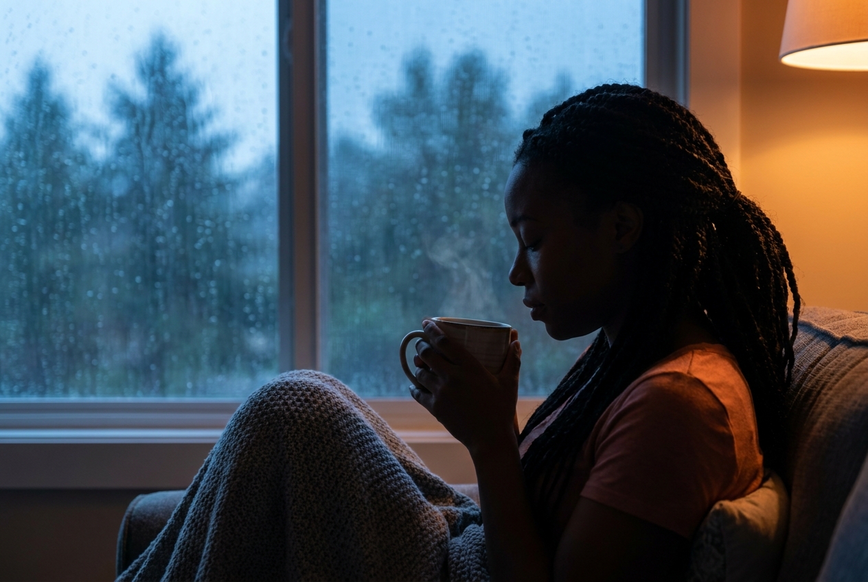 Silhouette of a woman holding a warm mug of tea while looking out a rainy window.