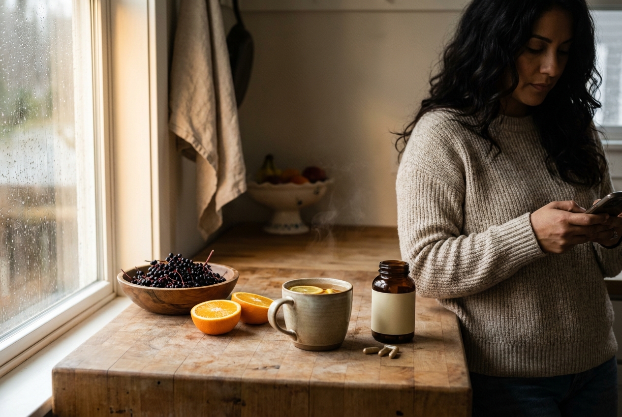 Kitchen counter with lemon ginger tea, oranges, elderberries and an unlabeled supplement bottle on a rainy autumn morning