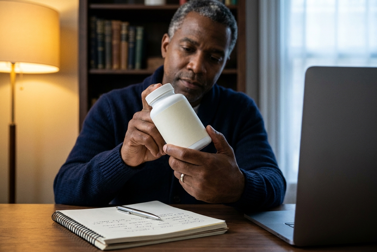 Hands holding an unlabeled supplement bottle above a notebook with a handwritten checklist