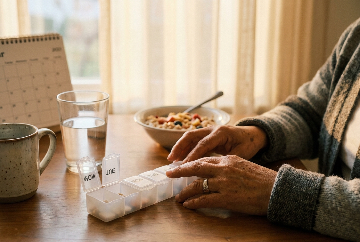 Weekly pill organizer, glass of water and mug on a sunlit breakfast table