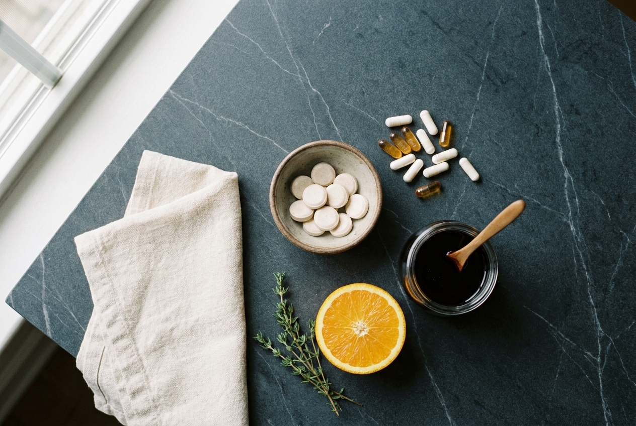 Flat lay of lozenges, capsules, orange, elderberry syrup and thyme on slate